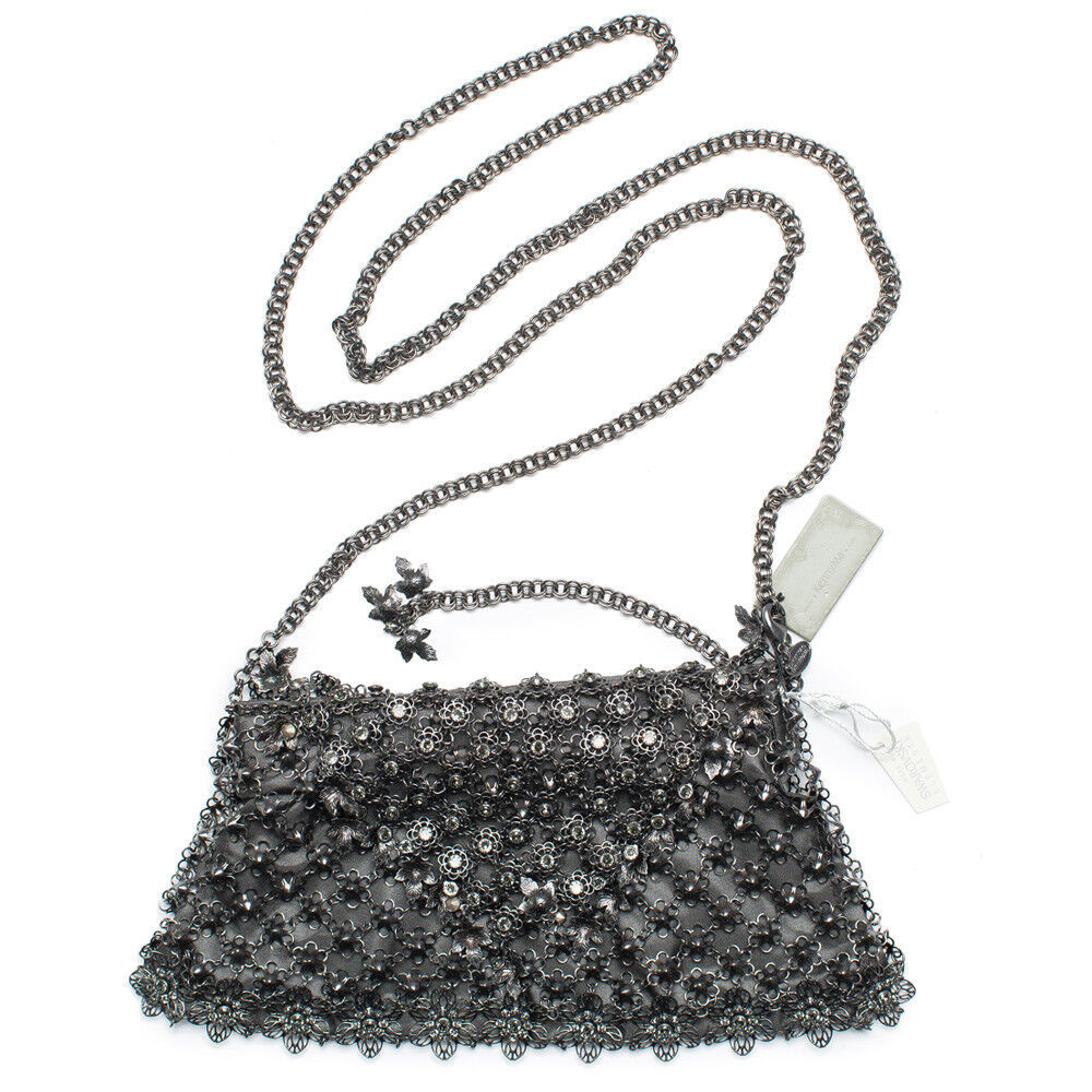 Kenny Ma Metal Mesh Swarovski Bag Black Gunmetal Bead Handbag Purse New - Picture 4 of 5